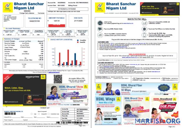 Blank India Bharat Sanchar Nigam Limited utility bill template in Word and PDF formats, 2 pages